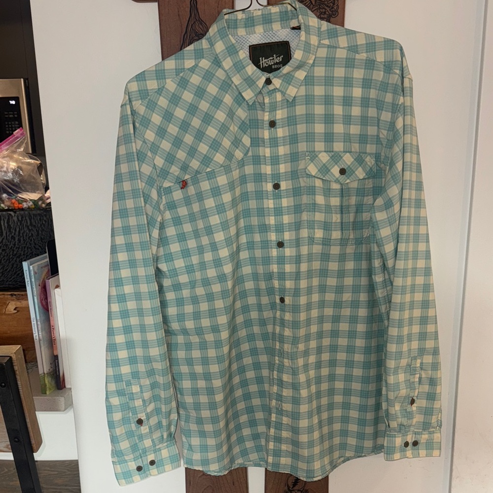 Howler Brothers Men's Teal and White Checkered Fishing Shirt Like New